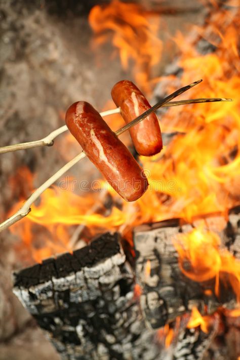 BBQ sausages on sticks. Camping in the wild - two smoked barbecue sausages on st , #SPONSORED, #sticks, #Camping, #BBQ, #sausages, #wild #ad Campfire Cooking, Crisp Air, Camping Food, Back To Nature, Simple Pleasures, The Ranch, A Fire, Bushcraft, Campfire