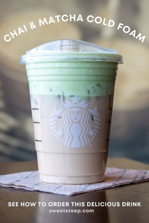 Starbucks iced chai tea latte topped with layer of matcha cold foam. Matcha Chai Latte Recipe, Starbucks Iced Chai Tea Latte Recipe, Starbucks Iced Chai, Starbucks Drink Recipes, Matcha Cold Foam, Iced Chai Latte Recipe, Matcha Latte Starbucks, Chai Latte Starbucks, Chai Tea Latte Starbucks