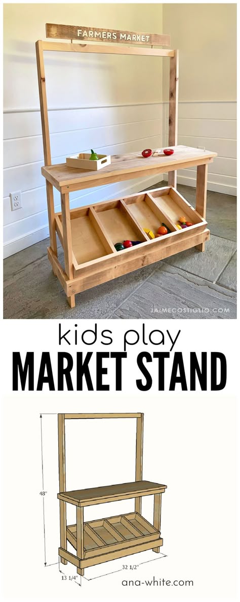 A DIY tutorial to build a kids play market stand. Make this generous sizes kids play stand perfect for all things pretend play. Cricut Market Stall, Diy Pretend Play Furniture, Diy Market Stand, Kids Market Stand, Play Market Stand, Playroom Diy, Farmers Market Stand, Play Farm, Small Playroom