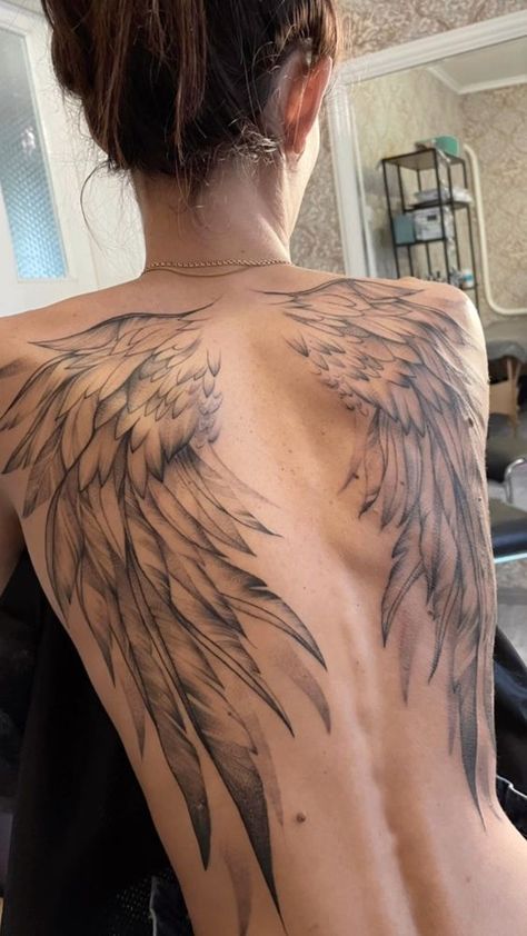 Line Work Angel Wings, Wing Neck Tattoo For Women, Full Back Wings Tattoo For Women, Torn Wings Tattoo, Fallen Angel Wings Tattoo On Back, Tattered Wings Tattoo, Back Tattoos Goth, Full Back Angel Wings Tattoo, Back Tattoo Women Wing