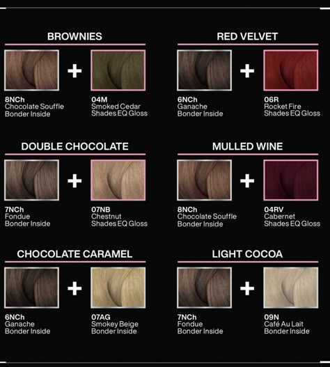 Redken Mahogany Hair Color, Cherry Cola Redken Formula, Rose Brown Hair Color Formula, Redken Cherry Cola Hair Color Formula, Redken Blonde Formula, Hair Shades Chart, Shades Eq Blonde, Chocolate Bayalage, Redken Color Chart