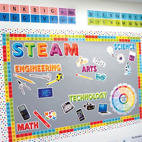 Steam Bulletin Board, Science Border, Technology Classroom Decor, Math Decorations, Technology Bulletin Board, Steam Classroom, Science Technology Engineering Math, Perfect Classroom, Science Room