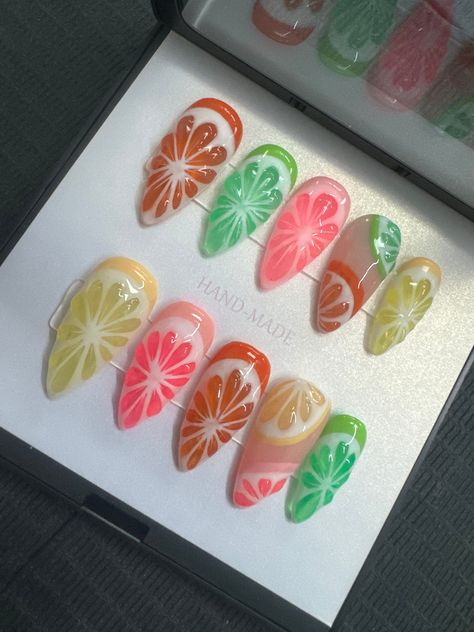 Full set of custom sized GelX press on nails with a 3D citrus design on each nail. After purchase, you will be sent a nail sizing video. 3d Citrus Nails, Neon Fruit Nails, 3d Fruit Nail Art, 3d Fruit Nails, 3 D Nails Designs, Citrus Nails, Nail Inspired, Fruit Nail Designs, Fruit Nails