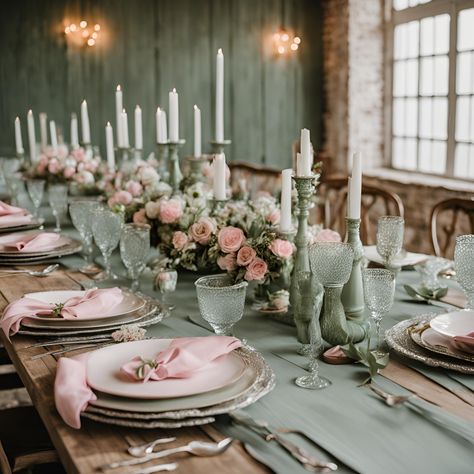 Sage Green And Blush Table Setting, Dusty Pink Wedding Reception, Dusty Pink Sage Green Wedding, Sage And Dusty Pink Wedding, Sage And Pink Wedding Decor, Pink And Green Wedding Reception, Sage Green And Blush Wedding Theme, Sage Green And Dusty Pink Wedding, Green And Pink Wedding Table