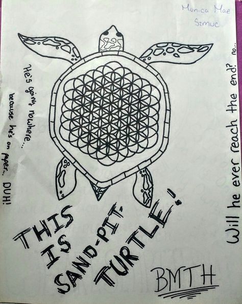 Bring Me The Horizon Sandpit Turtle 🐢 Sandpit Turtle Tattoo, This Is Sandpit Turtle, Sandpit Turtle, Being Me The Horizon Tattoo, Bring Me The Horizon Drawings, Turtles All The Way Down Tattoo, Bring Me The Horizon Tattoo, Bmth Tattoo, New Tattoo Designs