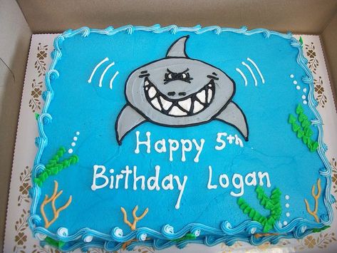 Shark Birthday Cake, Piping Gel, Shark Birthday Cakes, Shark Themed Party, Birthday Sheet Cakes, Shark Cake, Shark Birthday Party, Happy 5th Birthday, Sheet Cakes