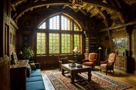 medieval-style (office interior) with plants and lounge chairs and office desks and office chairs and seating area with sofa and windows and cabinets and desk lamps. . with castle interior and stone walls and intricate wooden inlay designs and carvings and deep colors like red, gold, or blue and timber beams and heavy furniture pieces and castle interior and castle interior. . cinematic photo, highly detailed, cinematic lighting, ultra-detailed, ultrarealistic, photorealism, 8k. medieval interio Interior With Plants, Wooden Inlay, Castle Interior, Medieval Furniture, Castles Interior, Cinematic Lighting, Timber Beams, Medieval Style, Dramatic Lighting