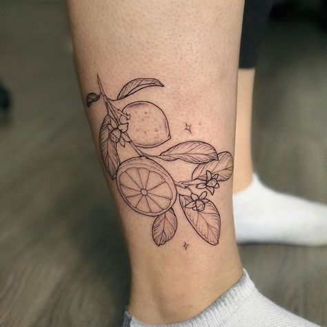 Olivia Harrison on Instagram: “Lemon branch! 🍋” Patchwork, Lemon And Bee Tattoo, Tangerine Branch Tattoo, Lime Tree Tattoo, Lemon Vine Tattoo, Fruit Tattoo Black And White, Fruit Branch Tattoo, Lemon Flower Tattoo, Fruit Tree Tattoo