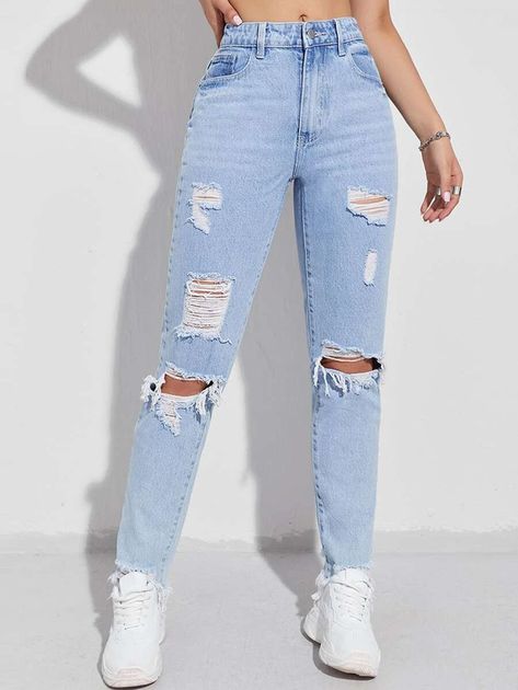 Vaqueros mom rotos bajo crudo | Mode de Mujer | SHEIN España Cute Ripped Jeans, Mama Jeans, Ripped Mom Jeans, Shein Outfits, Cute Pants, Outfit Jeans, Cute Jeans, Women Denim Jeans, Girls Fashion Clothes