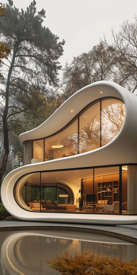 Futuristic Elegance: A Modern Architectural Masterpiece Amidst Nature Modern Futuristic House Interior, Futuristic Modern House, Modern Futuristic House, Futuristic House Interior, Futuristic House Design, Futuristic Elegance, Modernism Architecture, Waterfront Architecture, Lily Van Der Woodsen