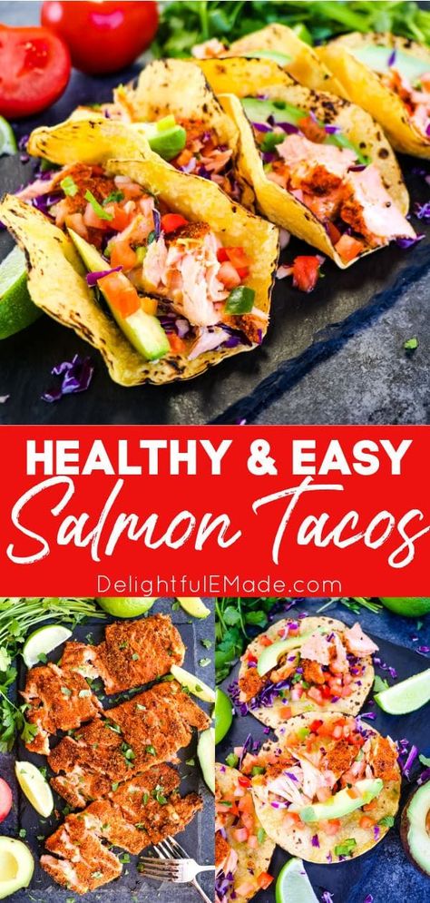 Easy Salmon Tacos, Salmon Fish Tacos, Salmon Tacos Recipe, Baked Fish Tacos, Easy Taco Recipes, Salmon Tacos, Oven Baked Salmon, Fish Tacos Recipe, Salmon Seasoning