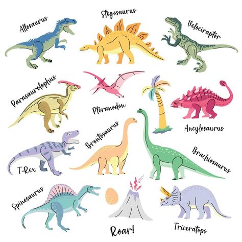 einstellen von süß hell Dinosaurier einschließlich T-Rex, Brontosaurus, Triceratops, Velociraptor, Flugsaurier, Allosaurus, usw. isoliert auf Weiß Trend Illustration zum Kind T Rex Drawing, Learning French For Kids, Dino Party, Jungle Theme, White Nails, T Rex, Drawings