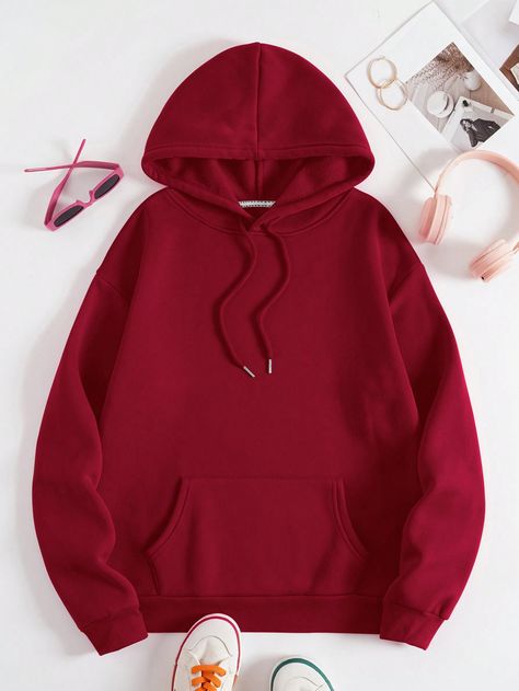 Burgundy Casual Collar Long Sleeve Fabric Plain Pullovers Embellished Slight Stretch Fall/Winter Women Clothing School Dress Code, Thermal Hoodie, Women Sweatshirts, Lined Hoodie, Autumn Casual, On The Moon, Funny Graphics, Fleece Sweatshirt, Casual Fall