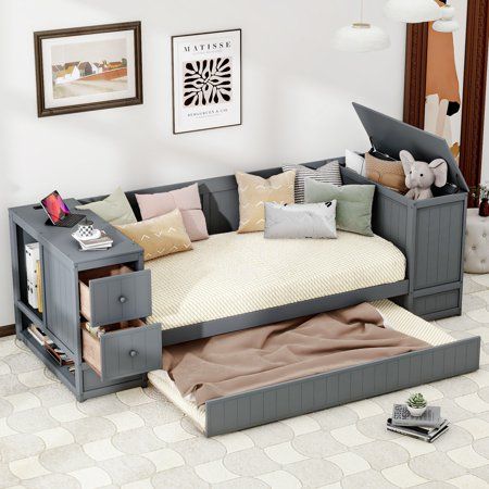 Whether youre a busy professional in need of a perfect small space solution for your condo or home, or cool and functional furniture for your dorm or first apartment, this multifunctional daybed has you covered. Our unique and functional furniture has a twin size trundle bed, 2 storage cabinets, three tier shelf, 2 drawers and a USB charging station for your daily use, providing ample storage room for you to store books and clothes. The top of the shelf can also be used for display. Save the spa Full Daybed With Storage, Daybed For Adults, Studio With Daybed, Twin Bed Living Room, Guest Room Workout Room Combo, Kids Room Design Small Space, Diy Trundle Bed, Small Room Decor Bedroom, Multi Functional Furniture