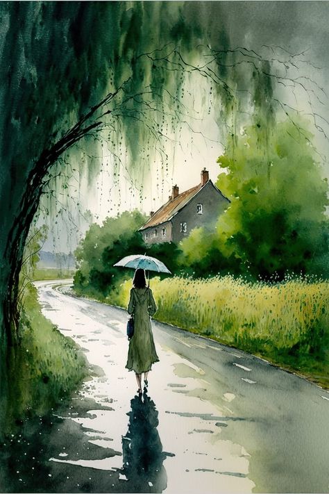 Watercolor Scenery, Watercolor Art Landscape, Watercolor Paintings Nature, Rain Painting, Watercolor Art Paintings, Scenery Paintings, Soyut Sanat Tabloları, Watercolor Paintings Easy, Landscape Art Painting