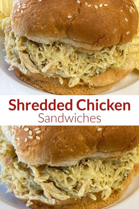 Collage of shredded chicken sandwiches on sesame seed buns Ohio Shredded Chicken Sandwiches, Ohio Shredded Chicken, Best Shredded Chicken, Shredded Chicken Recipes Easy, Shredded Chicken Sandwiches, Chicken Sandwich Recipe, Easy Shredded Chicken, Slow Cooker Shredded Chicken, Make Shredded Chicken