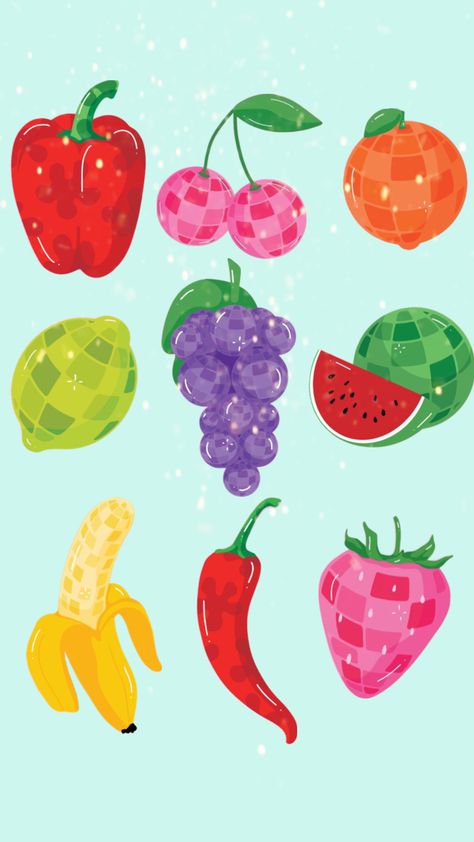 #discoball #fruit #preppy #vibes #love Fruit Drawings Aesthetic, Cute Fruit Art, Aesthetic Fruit Drawing, Fruit Iphone Wallpaper, Disco Ball Fruit, Funky Canvas Painting Ideas, Preppy Fruit Wallpaper, Preppy Painting Collage, Fruit Aesthetic Art