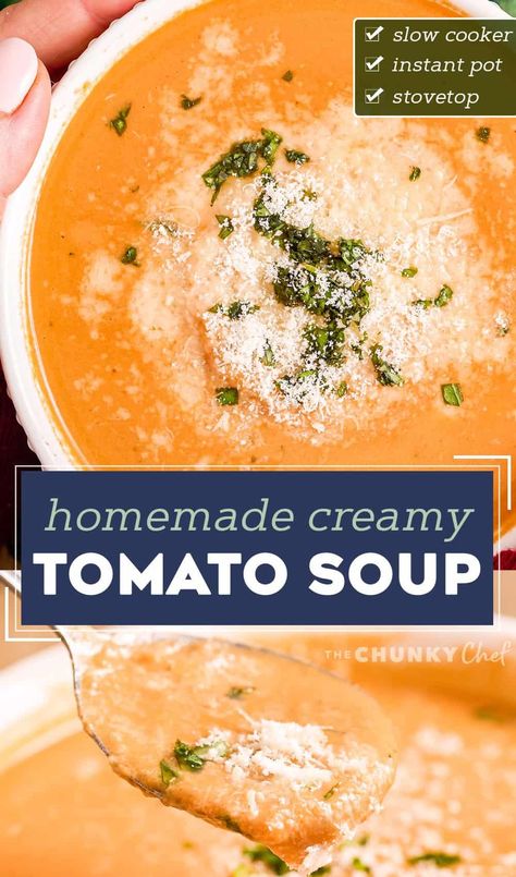 Homemade Creamy Tomato Soup, Crockpot Tomato Soup, Slow Cooker Tomato Soup, Tomato Bisque Soup, Soup Slow Cooker, Tomato Basil Soup Recipe, Soup Tomato, The Chunky Chef, Creamy Tomato Basil Soup