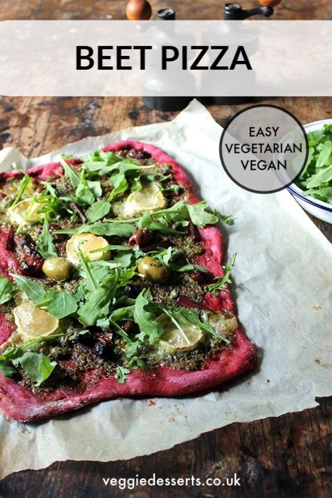 Beet pizza is eye-catching and delicious. The vegan pizza crust recipe is bright purple from the addition of beets (you can't taste them). Plus, it uses the entire beetroot - from root to leaf - in the pizza, beet leaf pesto and toppings. #veganpizza #beetpizza #beetleaves Beet Pizza, Vegan Pizza Crust Recipe, Vegan Pizza Crust, Pizza Vegana, Vegetarian Kids, Vegan Pizza Recipe, Vegetarian Recipes Lunch, Vegetarian Meals For Kids, Beet Recipes