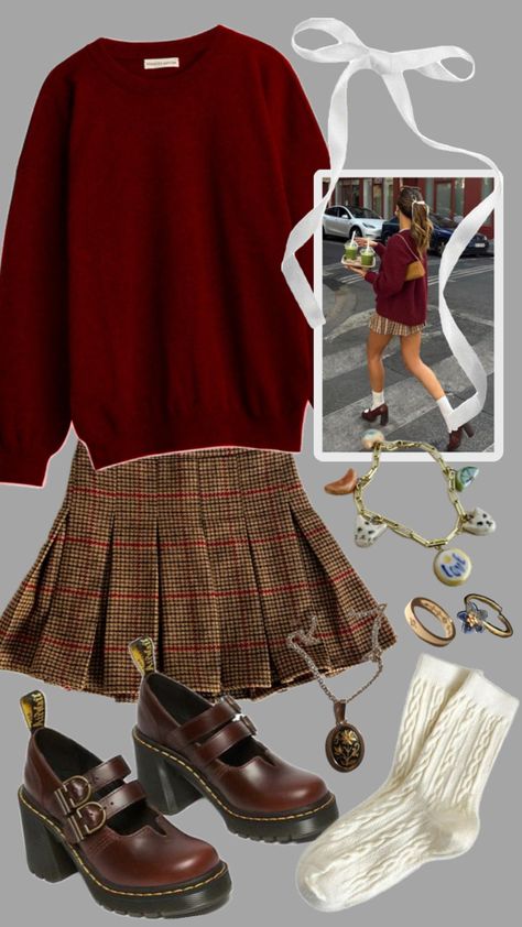 fall outfit with brown heels, red sweater, plaid miniskirt, white bow & gold jewelry Brown Heels Outfit, Outfit Inspo School, Cats Anime, Kitty Funny, Plaid Outfits, Miniskirt Outfits, Cute Kitty, Cat Cute, Girls T Shirt