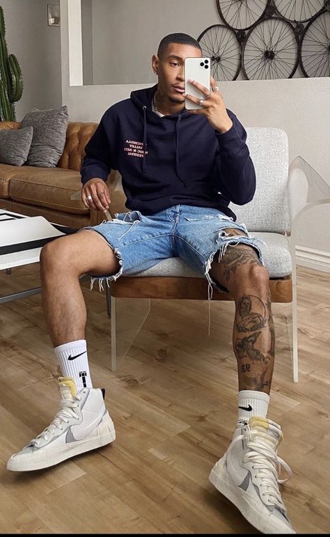 Men’s Leg Tattoo, Leg Tats Men, Crew Socks Outfit, Black Outfit Men, Cooler Style, Mens Summer Outfits, Leg Tattoo Men, Mens Casual Outfits Summer, Leg Sleeves