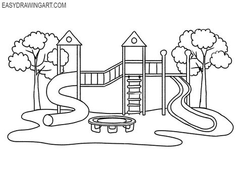 playground drawing lesson How To Draw A Park, School Playground Drawing, Playground Drawing Easy, Park Drawing For Kids, Water Park Drawing, Park Drawing Easy, Playground Sketch, Playground Drawing, Playground Clipart