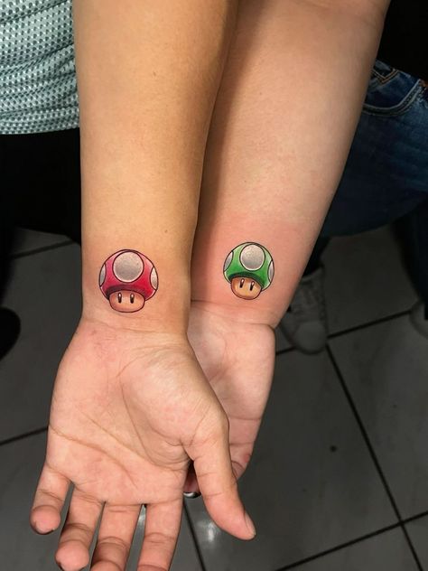 Simple Mario Tattoo, Super Mario Bros Tattoos, Toad Tattoo Mario, Mario And Luigi Tattoo, Mario Kart Tattoo, Mario Star Tattoo, Luigi Tattoo, Yoshi Tattoo, Matching Sibling Tattoos