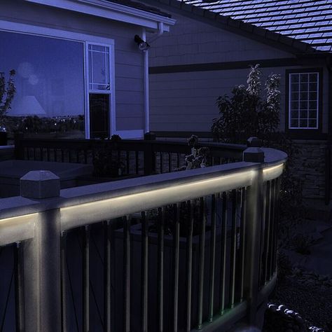 Use a rope light underneath your deck railings for a cool glow. Deck Rope Lights, Led Rope Light, Led Deck Lighting, Led Rope Lights, Deck Designs Backyard, Led Rope, Metal Railings, Deck Lights, Aluminum Railing