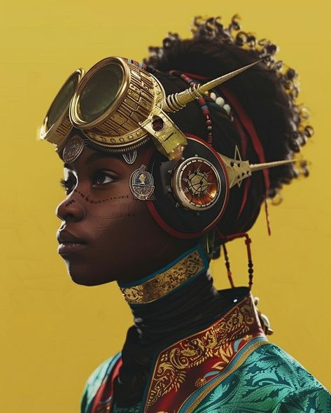 Today’s AI Art of the day #afrofuturism fusion of tradition and technology. #AIart #midjourneyart #midjourneyai #generativeart #ai Afrofuturism Design, Afro Tech, Afrofuturism Character Design, Afrofuturism Aesthetic Fashion, Afro Futurism Aesthetic, Afro Steampunk, Afrofuturism Aesthetic, Afrofuturism Fashion, Afrofuturism Art