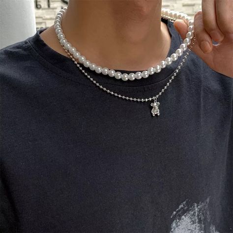 Mens Pearl Necklace, Pearl Necklace Men, Simple Choker, Mens Silver Jewelry, Mens Jewelry Necklace, Choker Pendant, Necklace Beads, Bear Necklace, Bear Pendant