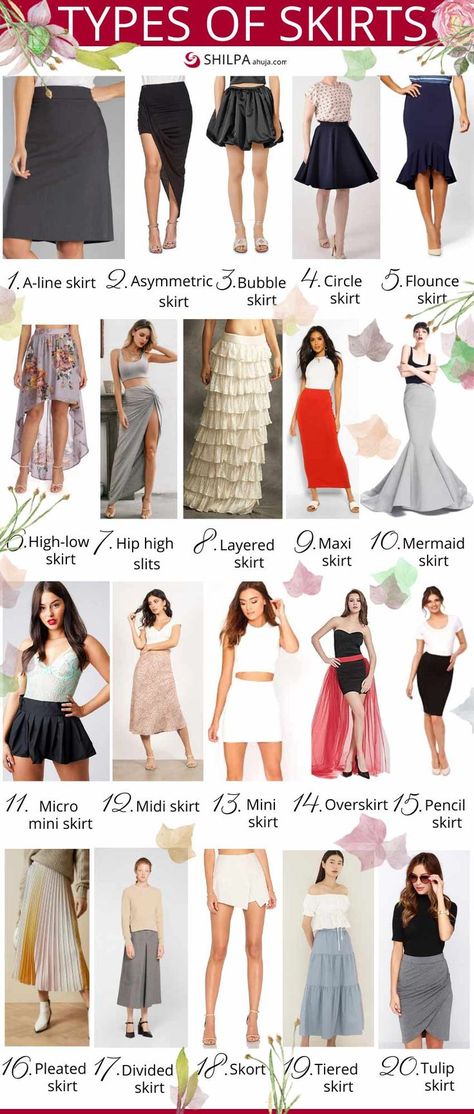 Types of Skirts | Different Chic Skirt Fashion & Trends | Types of skirts, Fashion, Skirt fashion Skirt And Top Western Outfit, Skirts Types, Skirt Types, Fashion Types, Dresses Images, Fashion Terminology, Types Of Clothing Styles, Fashion Infographic, Different Types Of Dresses