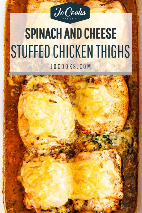 Spinach and Swiss Cheese Stuffed Chicken Thighs – simple and delicious recipe that's healthy, easy and quick to put together. #stuffedchickenthighs #chicken #thighs #recipe Spinach And Cheese Stuffed Chicken, Stuffed Chicken Thighs, Chicken Thighs In Oven, Drapery Ideas, Flexitarian Recipes, Best Lasagna Recipe, Chicken Thighs Recipes, Chicken Thighs Recipe, Jo Cooks