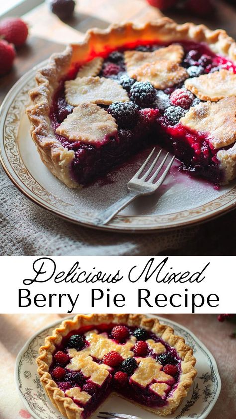 Bursting with a mix of sweet and tart berries, this homemade berry pie is the ultimate dessert! With a buttery, golden crust and a filling of fresh blueberries, raspberries, and blackberries, it’s as delicious as it is beautiful. Perfect for gatherings, this pie brings together the flavors of fresh summer berries. Serve warm with whipped cream or ice cream for an extra treat! Four Berry Pie, Healthy Berry Pie, Pie Recipes Berry, Homemade Berry Pie, Easy Berry Pie Recipes, Individual Fruit Pies, Berry Dessert Ideas, Fruit Pies Recipes Homemade, Easy Mixed Berry Pie