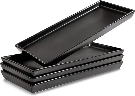 Amazon.com: Matte Black Ceramic Serving Platters (14 x 6 Inch Rectangle Plates) Serving Dishes for Entertaining, Food, Appetizers, Desserts, Cheese Board, Charcuterie, Sushi - Set of 4 Party Trays : Home & Kitchen Halloween Party Plates, Party Serving Trays, Entertaining Appetizers, Entertaining Food, Rectangle Plates, Halloween Entertaining, Party Serving, Sushi Set, Board Charcuterie