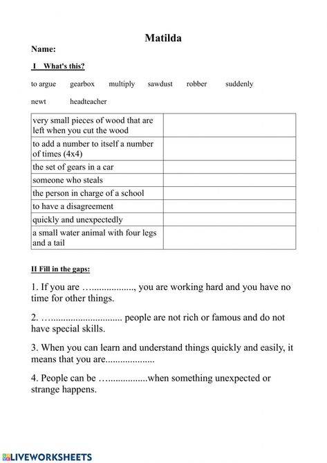 Vocabulary online activity for A2. You can do the exercises online or download the worksheet as pdf. Matilda Name, Esl Vocabulary, The Worksheet, Water Animals, English As A Second Language (esl), English As A Second Language, Online Activities, School Subjects, Google Classroom