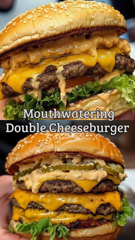 Mouthwatering Double Cheeseburger Recipe: Quick & Easy! Mcdonald’s Double Cheeseburger, Juicy Cheeseburger Recipe, Ground Beef Burger Recipes, Cheeseburger Ideas, Ground Beef Burger Recipe, Cheeseburger Recipes, Easy Cooking Ideas, Burger Recipes Beef, Melting Cheese