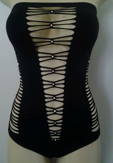 ༻⚜༺ ❤️ ༻⚜༺ Black Cut-Out Swimsuit w| Rhinestones ༻⚜༺ ❤️ ༻⚜༺ Striper Outfits, Cut Shirt Designs, Diy Cut Shirts, Dancers Outfit, Diy Vetement, Grunge Style, Rave Outfits, Edgy Outfits, 2000s Fashion