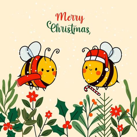 Christmas Bumble Bee, Bee Merry Christmas, Cute Christmas Art Drawing, Christmas Bees, Bees Art, Bee Christmas Card, Christmas Bee, Bee Christmas, Little Christmas Drawings