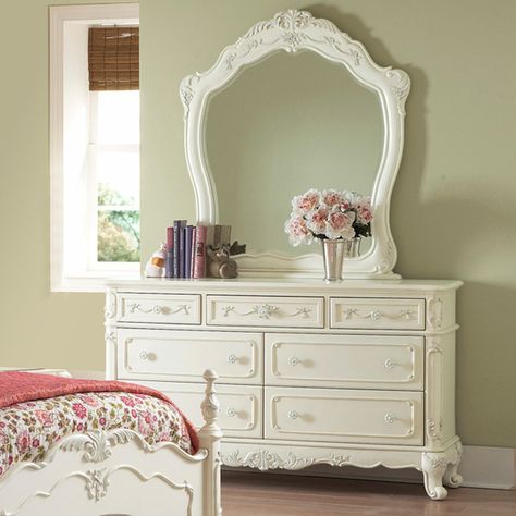 TRIBECCA HOME Fairytale Victorian Princess White Dresser and Mirror Cinderella Bedroom, Princess Dresser, Victorian Dresser, Casa Disney, Victorian Dressers, Dresser And Mirror, White Victorian, 7 Drawer Dresser, Shabby Chic Dresser