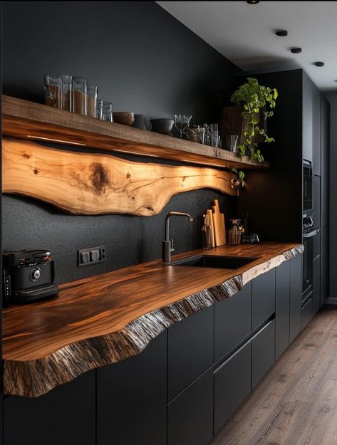 Nature Kitchen, Tiny Kitchen Design, Elegant Kitchen Design, Rustic Modern Kitchen, Tiny House Kitchen, House Design Kitchen, Elegant Kitchens, Wood Countertops, Minimalist Kitchen