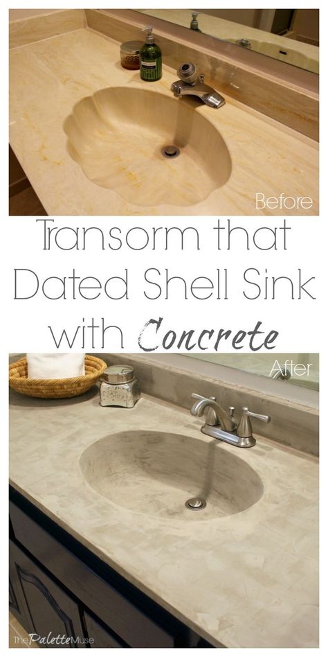 You've seen concrete countertop makeovers, but did you know you can use the concrete to fill in a scalloped shell sink? Save hundreds with this DIY secret! Shell Sink, Bathroom Sink Diy, Concrete Countertops White Cabinets, Countertop Makeover, Concrete Countertops Kitchen Diy, Concrete Countertops Bathroom, Concrete Countertops Colors, White Concrete Countertops, Concrete Countertop