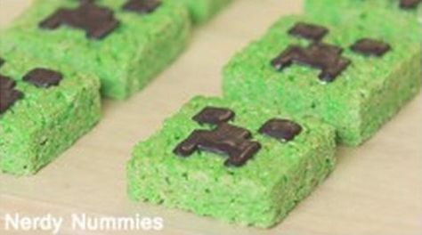 14 of the Best Minecraft Party Ideas to Guarantee You'll Survive the Party Minecraft Rice Krispies, Minecraft Creeper Rice Krispies, Creeper Rice Krispie Treats, Minecraft Rice Crispy Treats, Diy Minecraft Cupcakes, Minecraft Birthday Treats, Minecraft Rice Krispie Treats, Minecraft Loot Bag Ideas, Minecraft Cupcakes Ideas