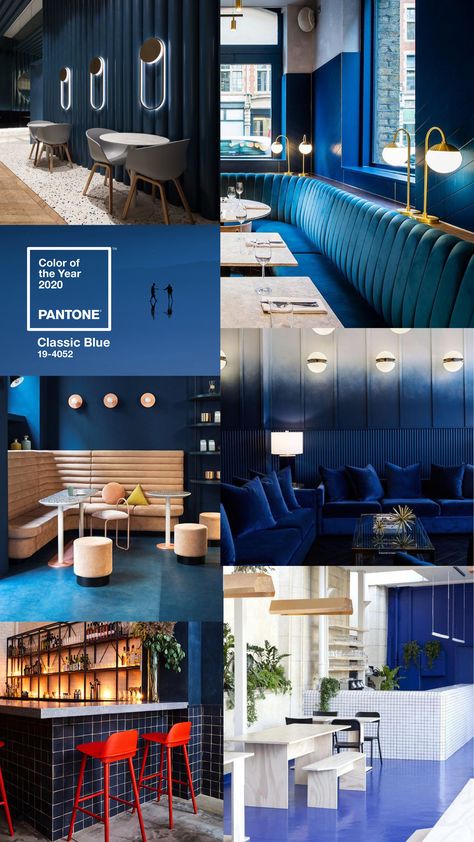 Restaurant bar and cafe interiors inspired by the Pantone color of the year 2020 Classic Blue Blue Restaurant, Cafe And Bar, Cafe Interiors, Blue Cafe, Blue Interior Design, Museum Interior, Bar Interior Design, Pantone Color Of The Year, Coffee Shops Interior