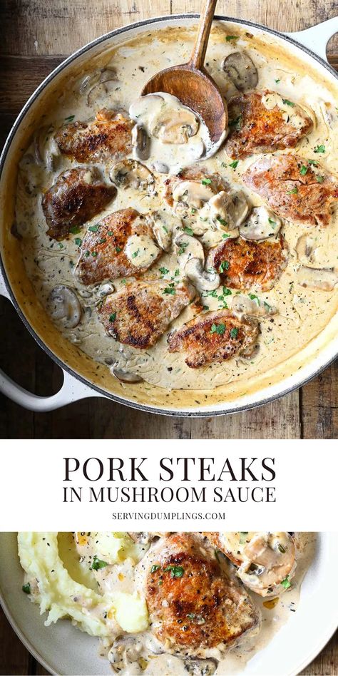 Pork Steaks in Mushroom Sauce Pork Steak With Cream Of Mushroom Soup, Creamy Mushroom Sauce For Pork, Pork Loin Mushroom Sauce, Pork Loin And Mushroom Recipes, Pork Loin With Mushroom Sauce, Pork Tenderloin Mushroom Recipes, Pork Mushroom Recipes, Pork Steaks Recipes, Mushroom Sauce For Pork