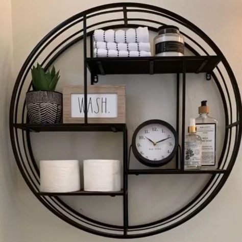 Round Shelf Above Toilet, Round Bathroom Shelf Decor Over Toilet, Round Shelf Decor Ideas, Round Floating Shelves, Big Round Mirror, Circle Shelf, Shelves Above Toilet, Downstairs Cloakroom, Round Shelf