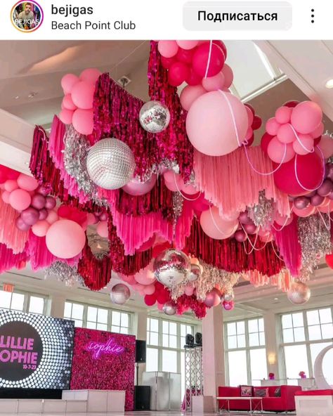 Ceiling Decorations Wedding Diy, Pink Silver Party Decorations, Fringe Ceiling Installation, Balloon On Ceiling Decor, Party Streamer Ideas Ceilings, Pink Disco Party Decorations, Birthday Ceiling Decorations, Pink Party Theme Ideas, Pink Disco Party