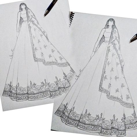 Lengha Illustration Sketch, Lehnga Illustration Sketch, Lehenga Illustration, Dress Illustration Design, Dabka Embroidery, Bride Fashion Illustration, Collection Drawing, Shirt Sketch, Fashion Illustration Tutorial