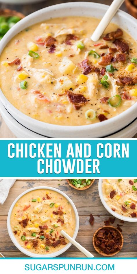 My Chicken Corn Chowder is absolutely BURSTING with flavor and texture. It's perfectly creamy without being too heavy--perfect for using up that summer corn! Plus, you can make enough for the whole family in less than an hour. Recipe includes a how-to video! Creamy Chicken Chowder Soup, Chicken And Corn Chowder, Chicken Corn Chowder Recipe, Corn Chowder Soup, Chicken Corn Soup, Chicken And Corn, Chicken Chowder, Chicken Corn Chowder, Awesome Appetizers