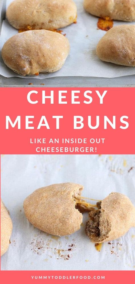 With all the flavors of a cheeseburger, but in a much less messy package, these cheesy meat buns are a delicious family dinner. They freeze well too! #meatbuns #cheeseburgerrecipe #pizzapocket #familymeals #toddlermeals Meat Pockets, Meat Buns, Meat Bun, Delicious Family Dinners, Toddler Dinner, Cheeseburger Recipe, Eat Beef, Homemade Dough, Toddler Food