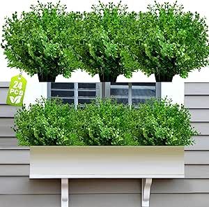 JIFTOK Artificial Fake Outdoor Stems Plants,24 Pcs Faux Plastic Boxwood UV Resistant Greenery Stems for Indoor Outside Hanging Plants Garden Porch Window Box Home Wedding Farmhouse Décor Nature, Artificial Greenery Arrangements, Faux Window Boxes Ideas, Outside Hanging Plants, Hanging Plants Garden, Fake Greenery, Indoor Porch, Porch Window, Wedding Farmhouse